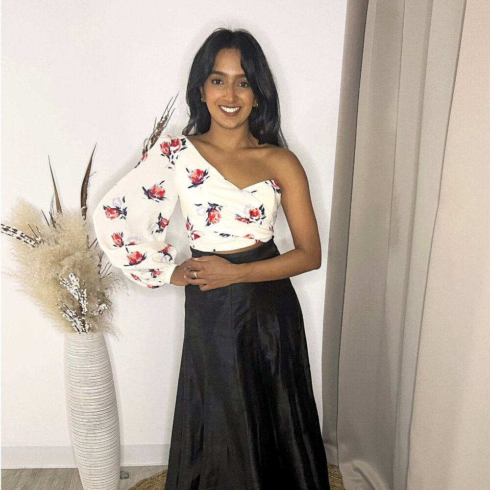 Harleen Kaur White and Red Floral Asymmetrical Wrap Top